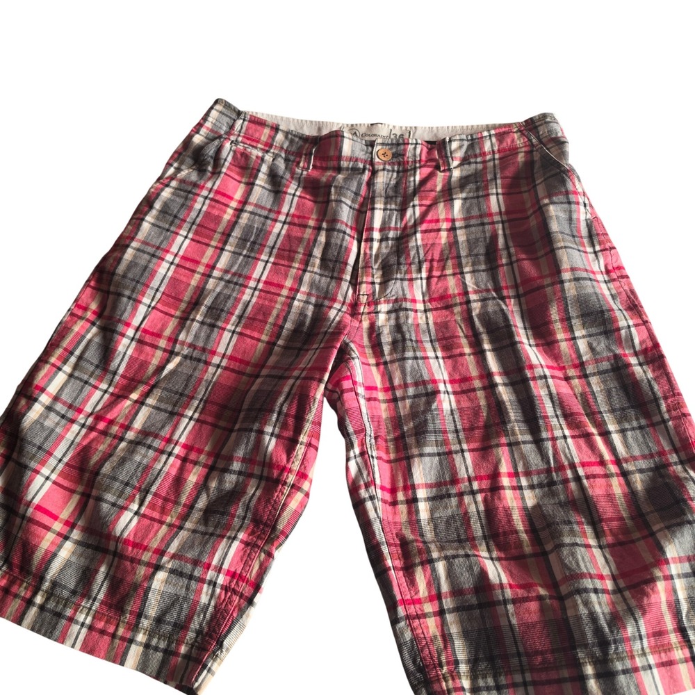 Colorado Mens Plaid Flat Front Shorts Red Black Tan 100% Cotton Size 36